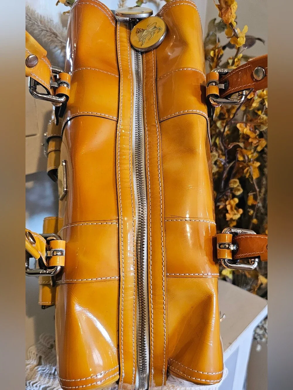 MCM Yellow Patent Leather Boston Satchel Bag